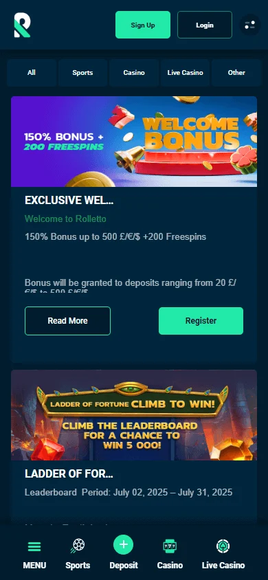 Rolletto Casino promotions view on a mobile browser
