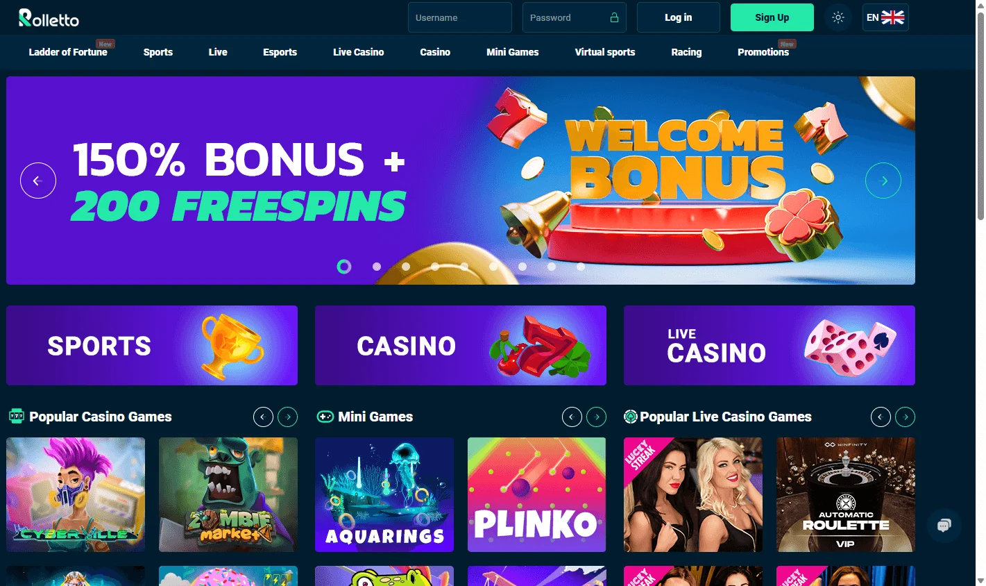 Rolletto Casino home view on desktop