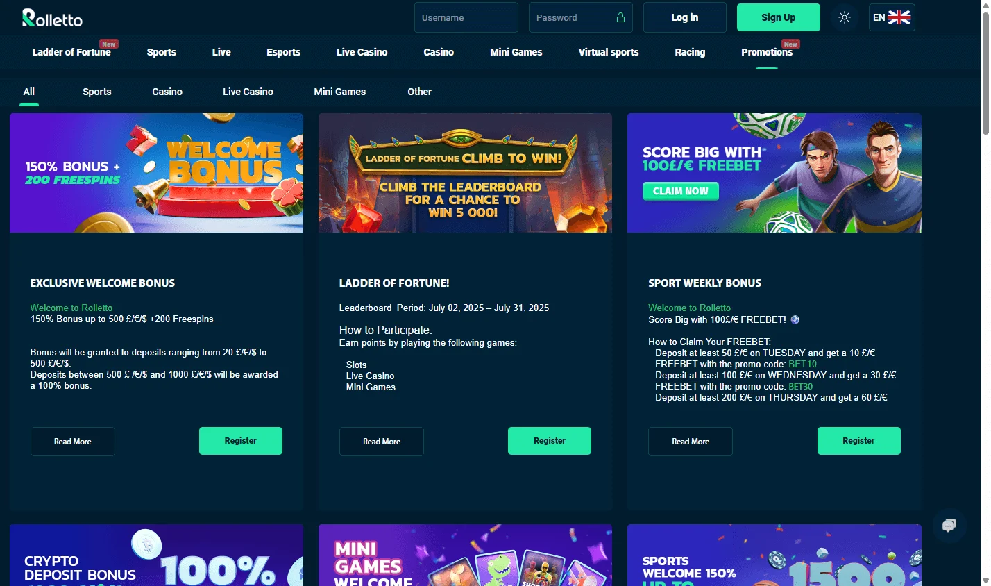 Rolletto Casino promotions view on desktop