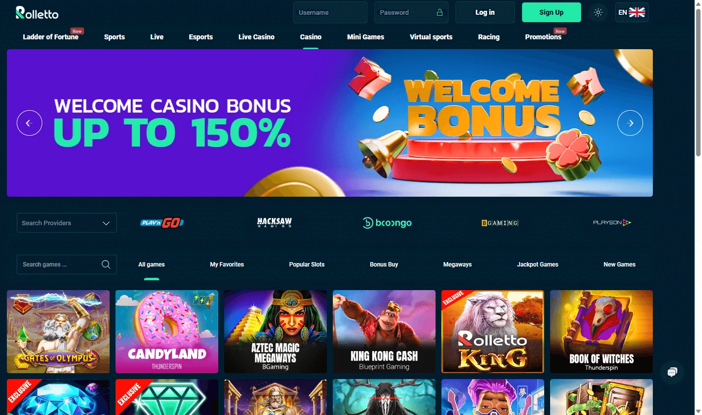 Rolletto Casino games view on desktop