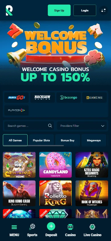 Rolletto Casino games view on a mobile browser